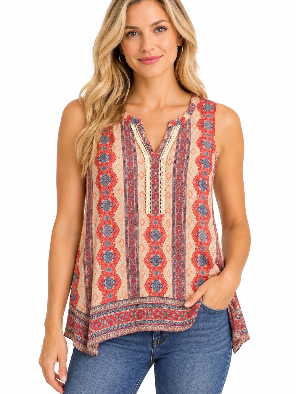 Vintage America Coral and Blue Printed Sleeveless Camisole